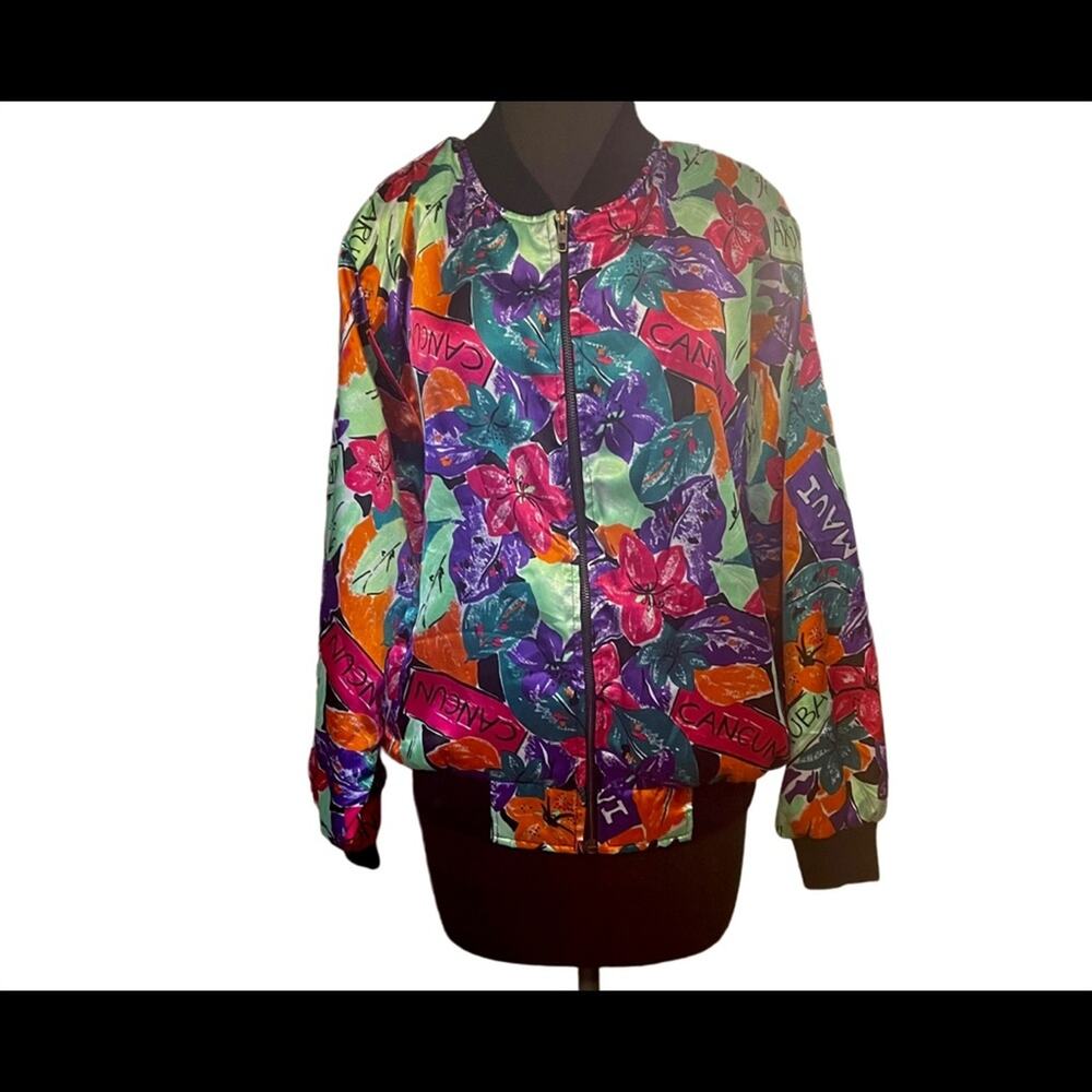 Vtg 90s Satin Oversized Maximalist Colorful Floral Bomber Jacket Womens Size M - Picture 2 of 6